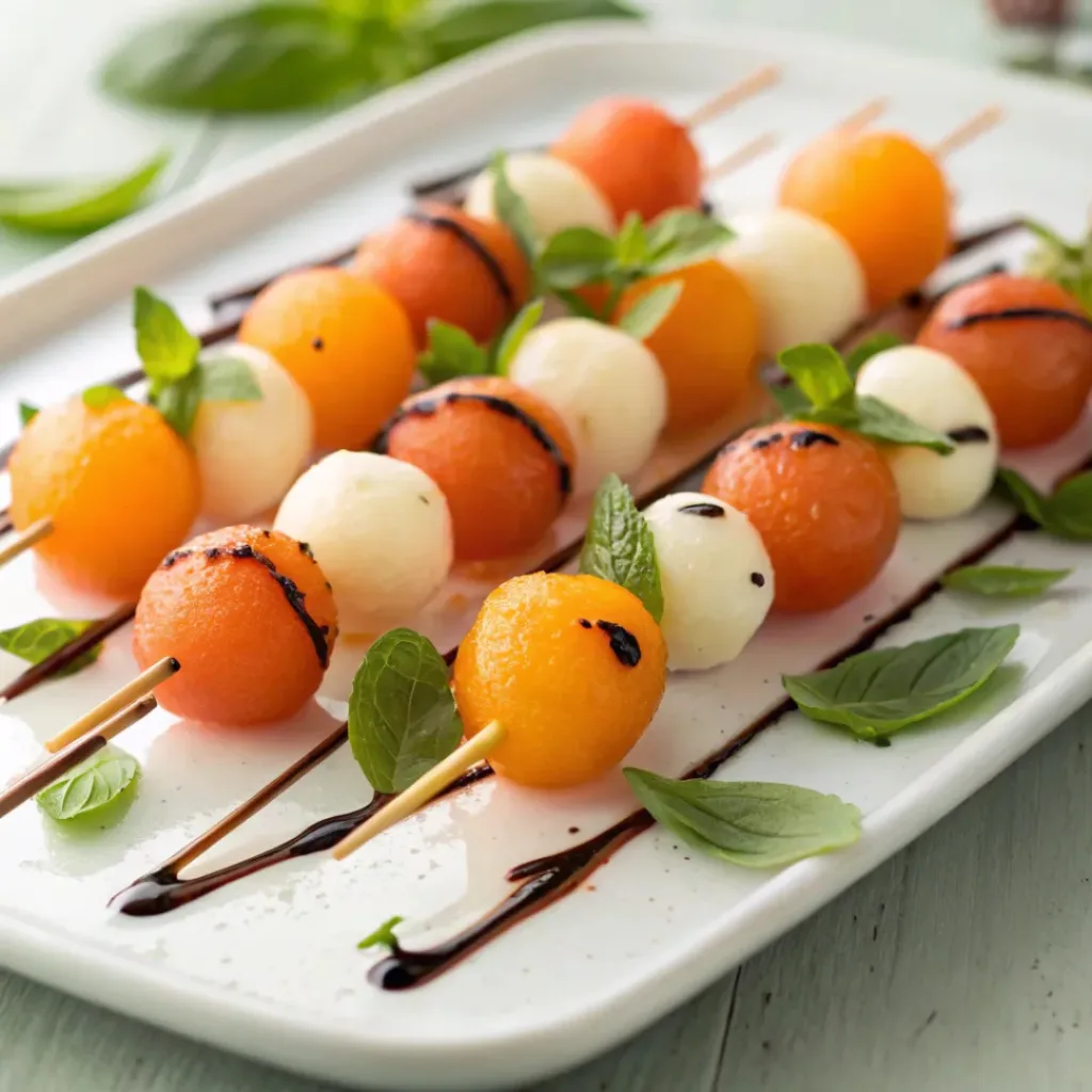 Melon caprese skewers with mozzarella, basil, and balsamic glaze