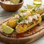 Grilled Mexican street corn with cheese, chili, and lime