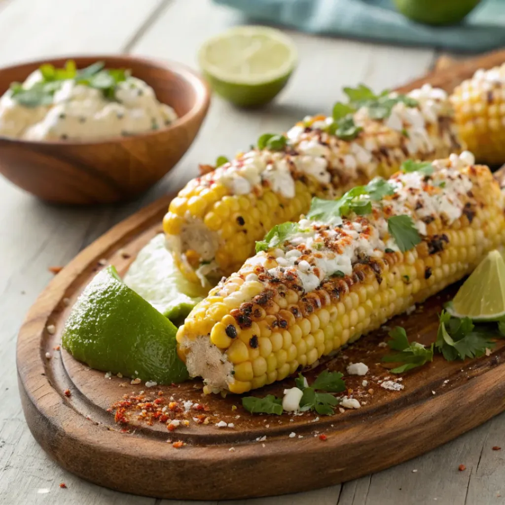Mexican Street Corn – Creamy, Smoky & Flavor-Packed Corn on the Cob 8 Mexican street corn served with tacos and lime wedges