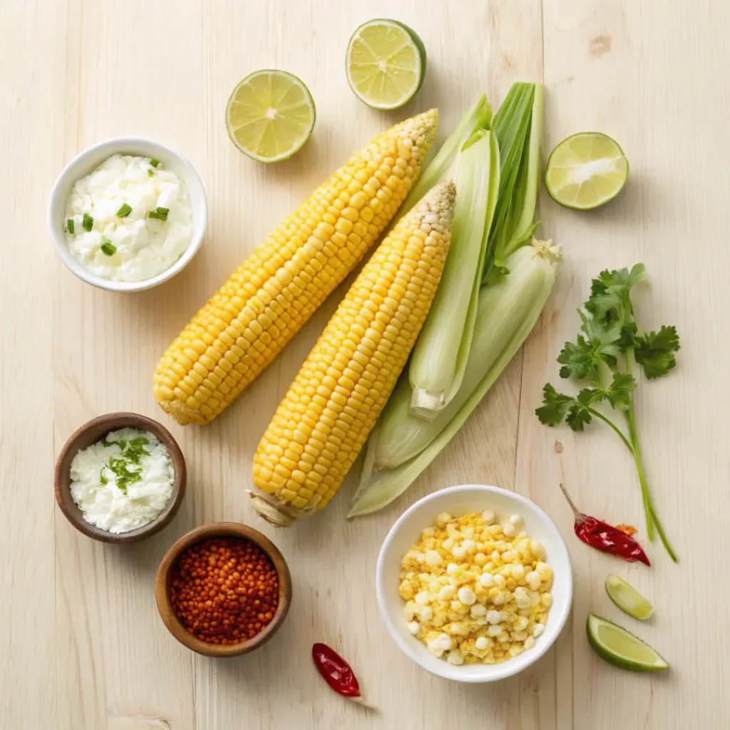 Mexican Street Corn – Creamy, Smoky & Flavor-Packed Corn on the Cob 6 Flat lay of corn, cotija cheese, lime, and Mexican street corn ingredients