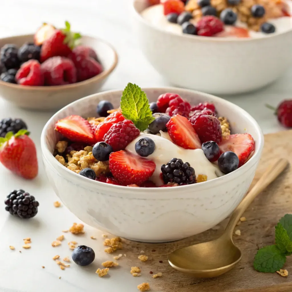 Mixed berry fruit salad served with yogurt and granola