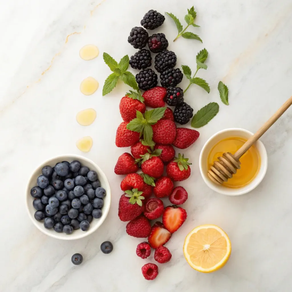 Flat lay of berries, lemon, honey, and mint
