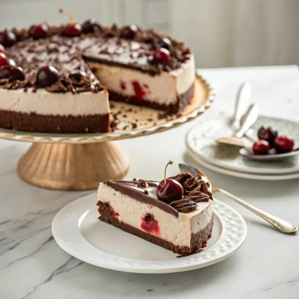 No-Bake Black Forest Cheesecake – Creamy, Chocolatey & Cherry Dessert 8 Slice of Black Forest cheesecake with cherries and chocolate shavings
