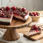 Black Forest cheesecake with cherries, chocolate layers, and whipped cream