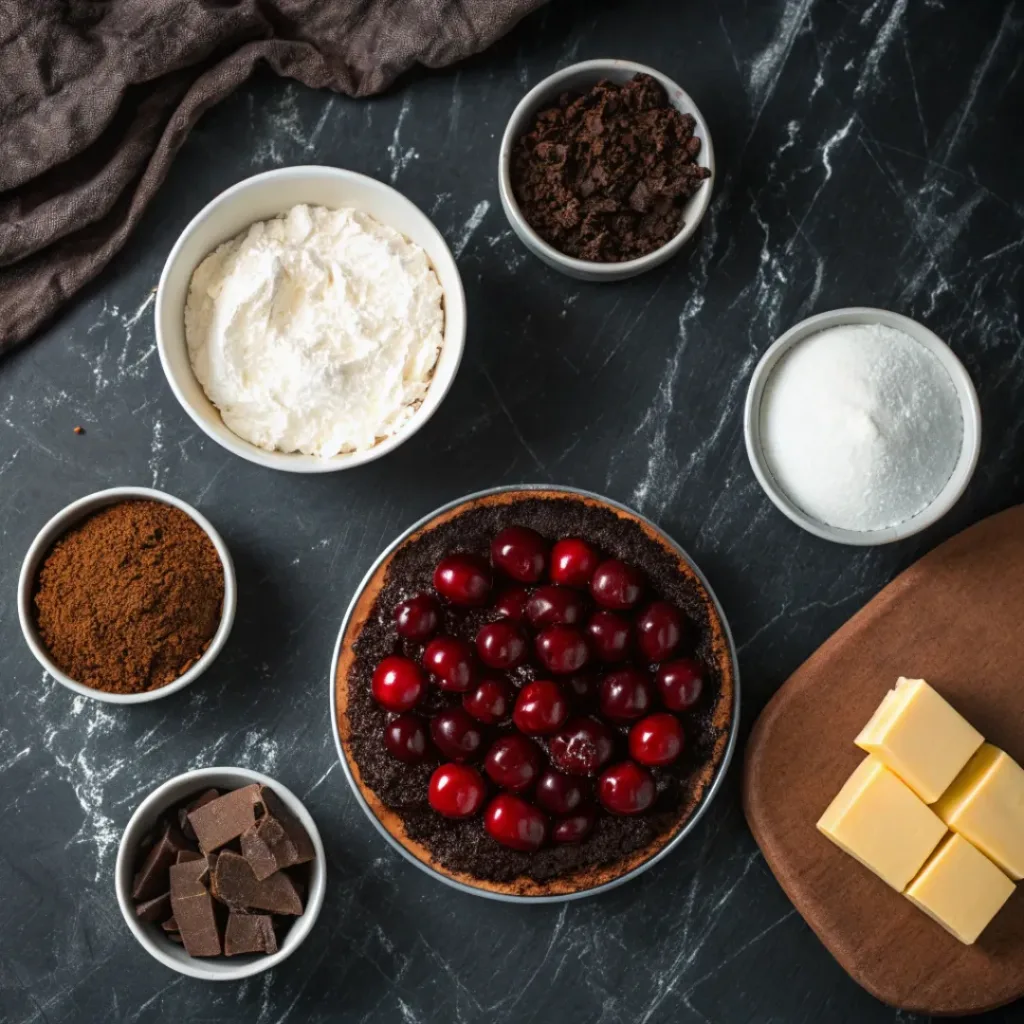 No-Bake Black Forest Cheesecake – Creamy, Chocolatey & Cherry Dessert 6 Flat lay of chocolate, cherries, cream cheese, and dessert ingredients
