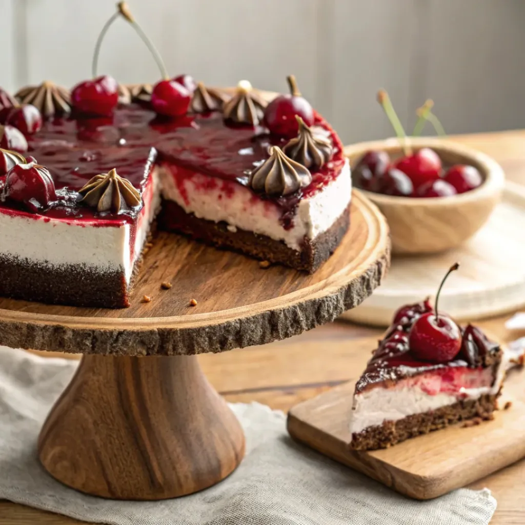 No-Bake Black Forest Cheesecake – Creamy, Chocolatey & Cherry Dessert