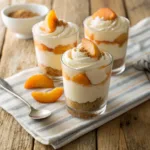 Layered peach dessert cups with cream, graham crust, and peaches