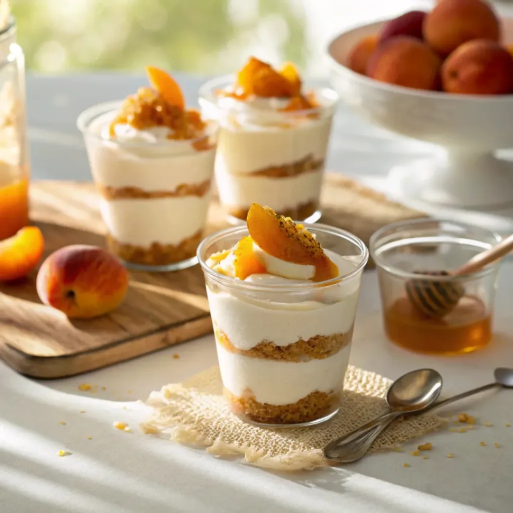 No-Bake Peach Dessert Cups – Creamy, Light & Easy Summer Treat 8 Layered peach dessert cups with whipped cream and graham crust