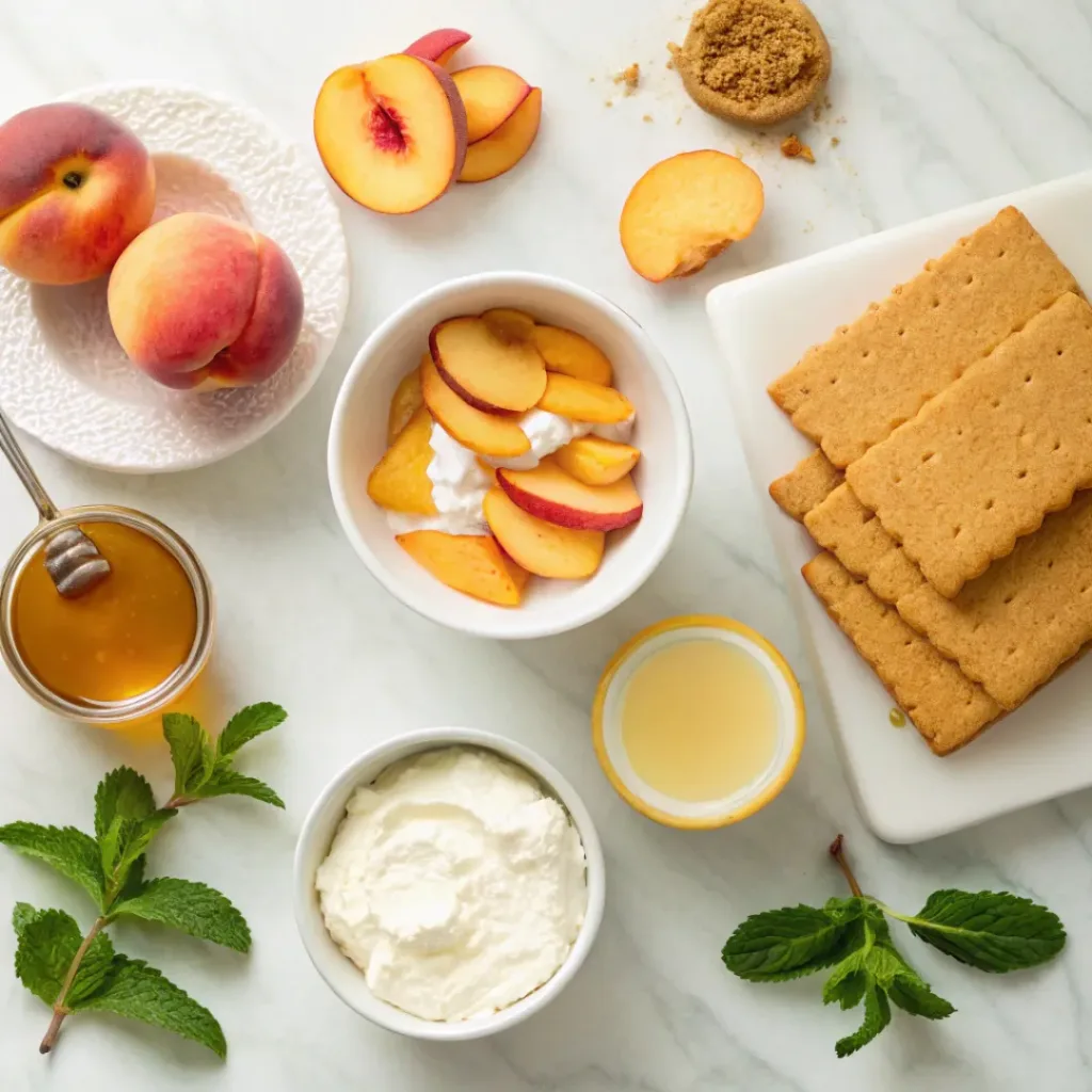 No-Bake Peach Dessert Cups – Creamy, Light & Easy Summer Treat 6 Flat lay of peaches, cream cheese, graham crackers, and dessert ingredients