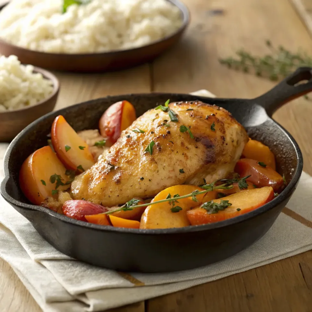 Chicken and peaches skillet served with rustic side dishes