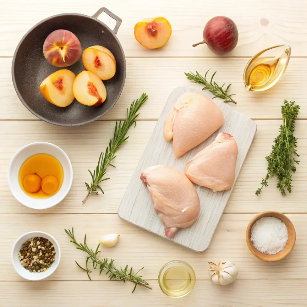 Flat lay of chicken, peaches, herbs, garlic, and skillet dinner ingredients