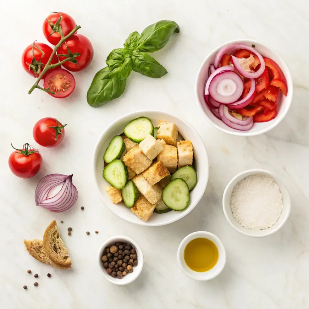 Flat lay of bread, tomatoes, cucumber, onion, and basil