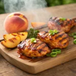 Grilled chicken with peach barbecue glaze and grilled peaches
