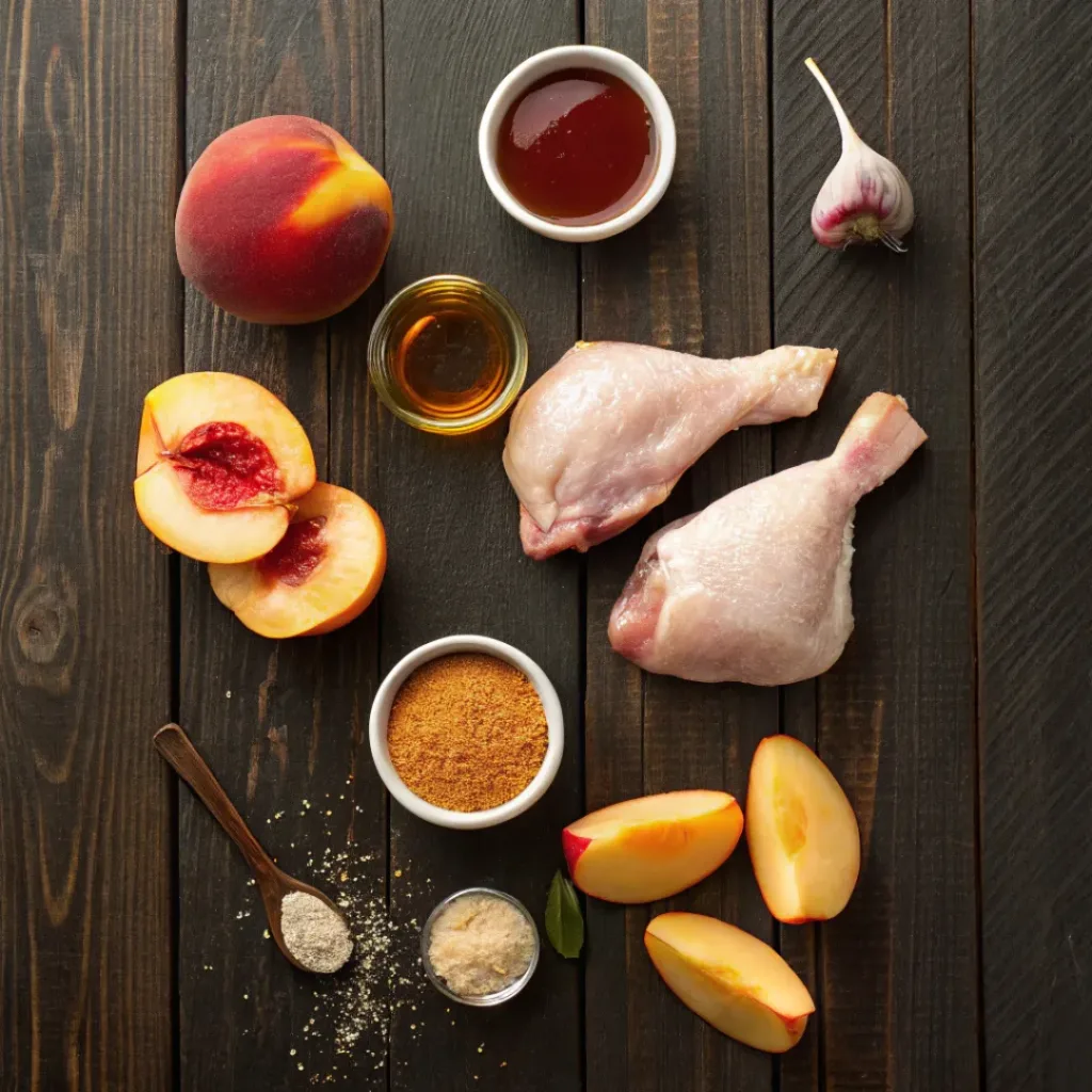 Peach BBQ Chicken – Sweet, Smoky & Juicy Grilled Chicken 6 Flat lay of chicken, peaches, spices, and BBQ sauce ingredients