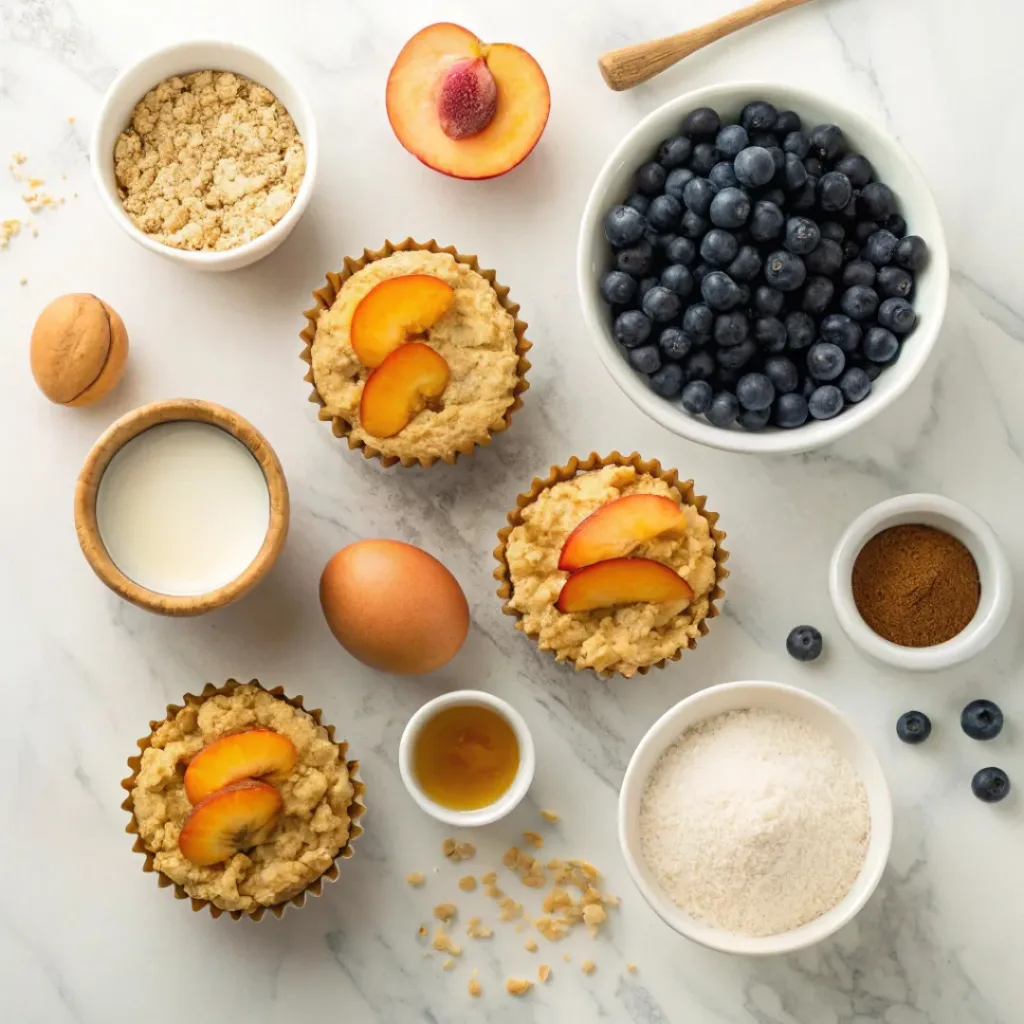 Peach Blueberry Oatmeal Cups – Healthy Breakfast Meal Prep Cups 6 Flat lay of oats, peaches, blueberries, milk, and baking ingredients