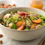 Brussels sprouts salad with peaches, nuts, and crunchy toppings