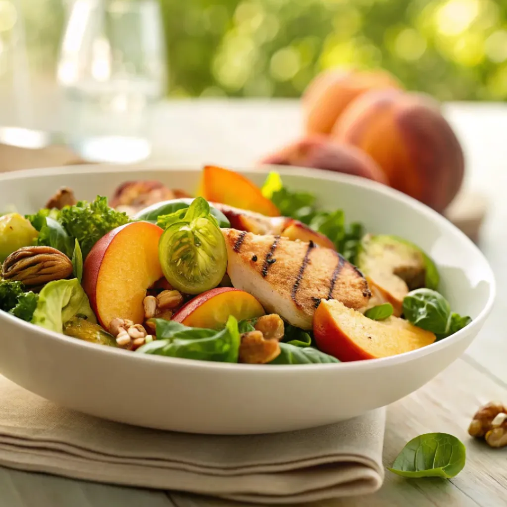Brussels sprouts salad with peaches served with grilled dishes