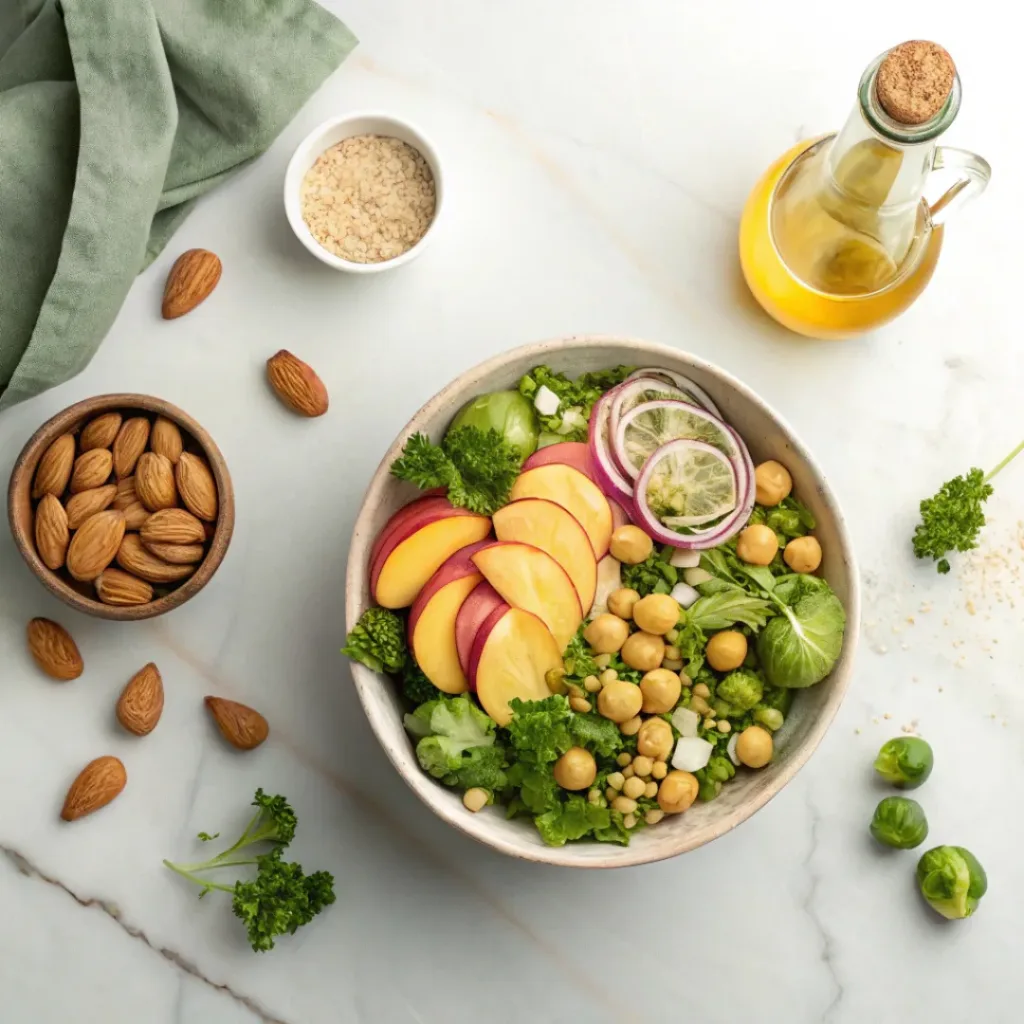 Flat lay of Brussels sprouts, peaches, nuts, and salad ingredients