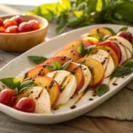 Peach caprese salad with mozzarella, basil, and balsamic glaze