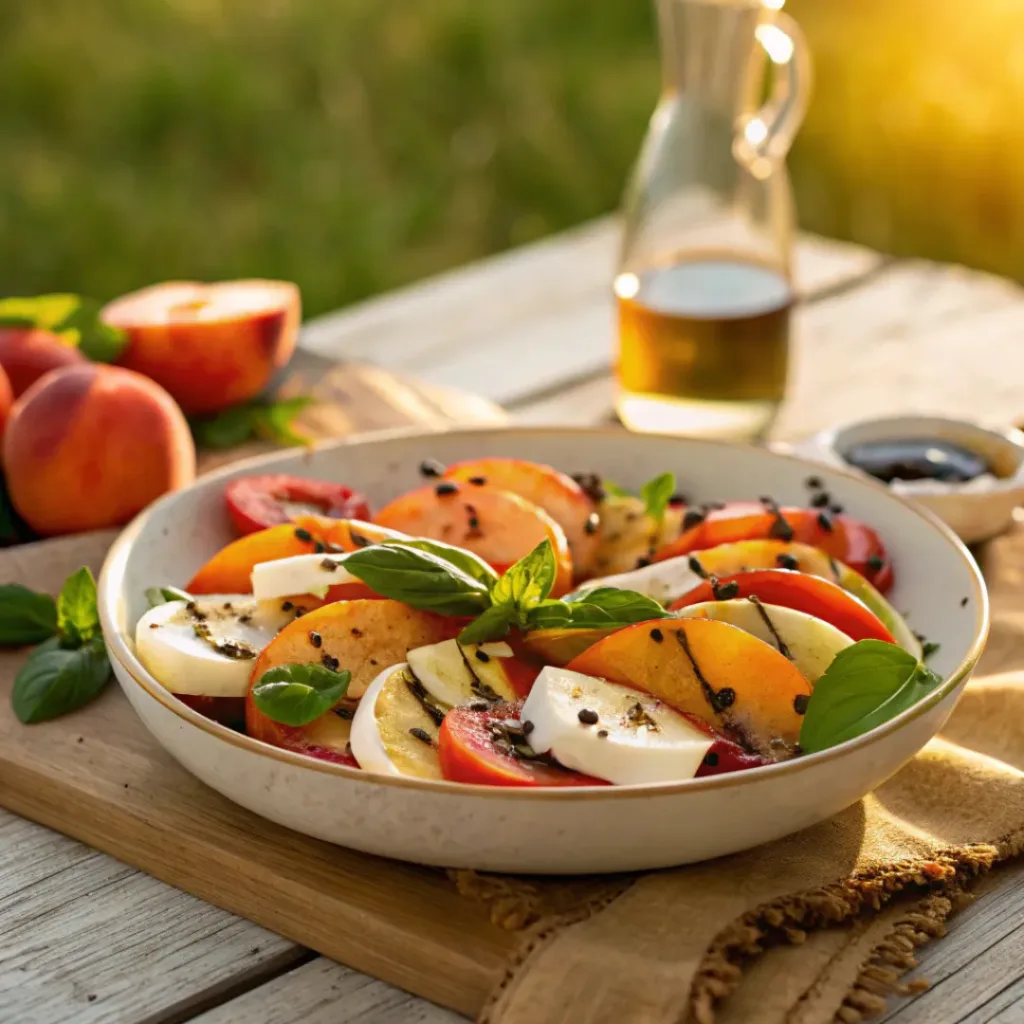 Peach Caprese Salad – Fresh, Sweet & Savory Summer Salad 8 Peach caprese salad served with basil and balsamic glaze