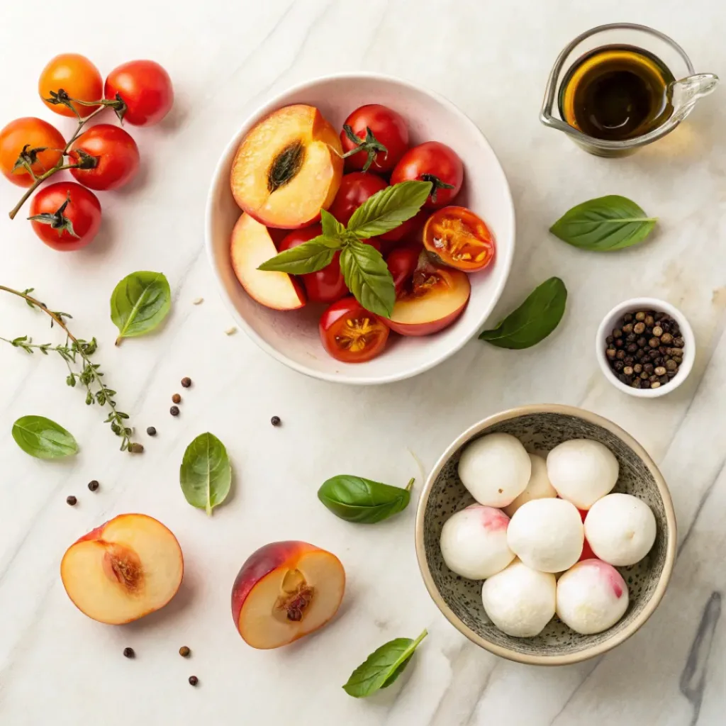 Peach Caprese Salad – Fresh, Sweet & Savory Summer Salad 6 Flat lay of peaches, mozzarella, tomatoes, basil, and balsamic ingredients