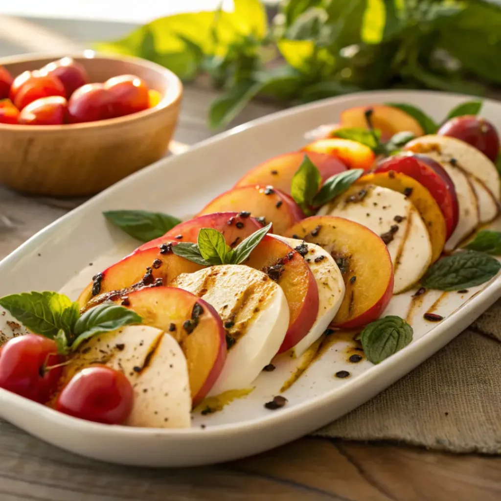 Home 6 Peach caprese salad with mozzarella, basil, and balsamic glaze