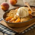 Warm peach dump cake with golden topping and melting ice cream