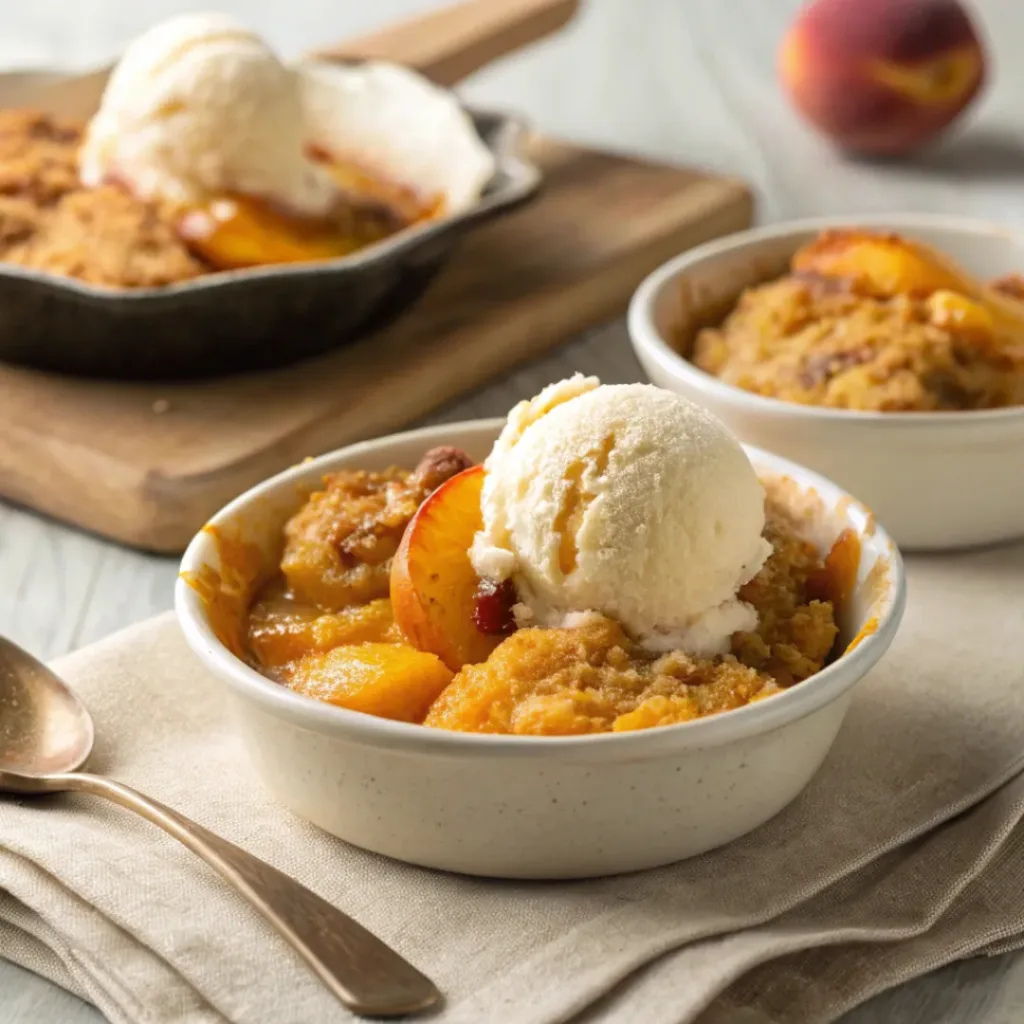 Peach Dump Cake – Easy 3-Ingredient Summer Dessert 8 Peach dump cake served warm with ice cream