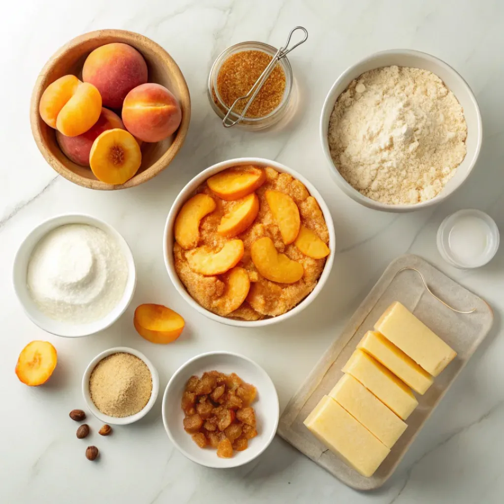 Peach Dump Cake – Easy 3-Ingredient Summer Dessert 6 Flat lay of peaches, cake mix, butter, and baking ingredients