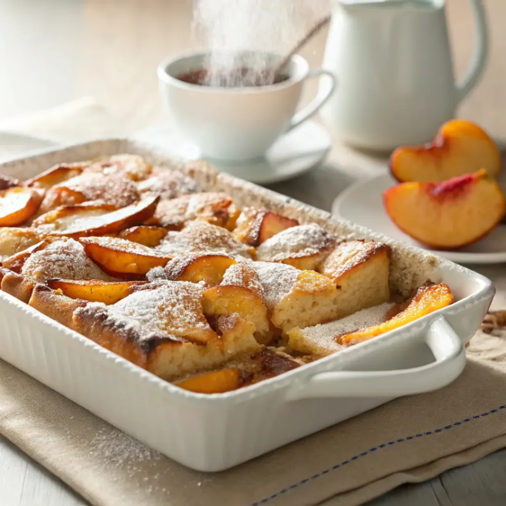 Peach French Toast Bake – Sweet, Custardy & Perfect Brunch Casserole 8 Golden peach French toast bake with syrup and powdered sugar