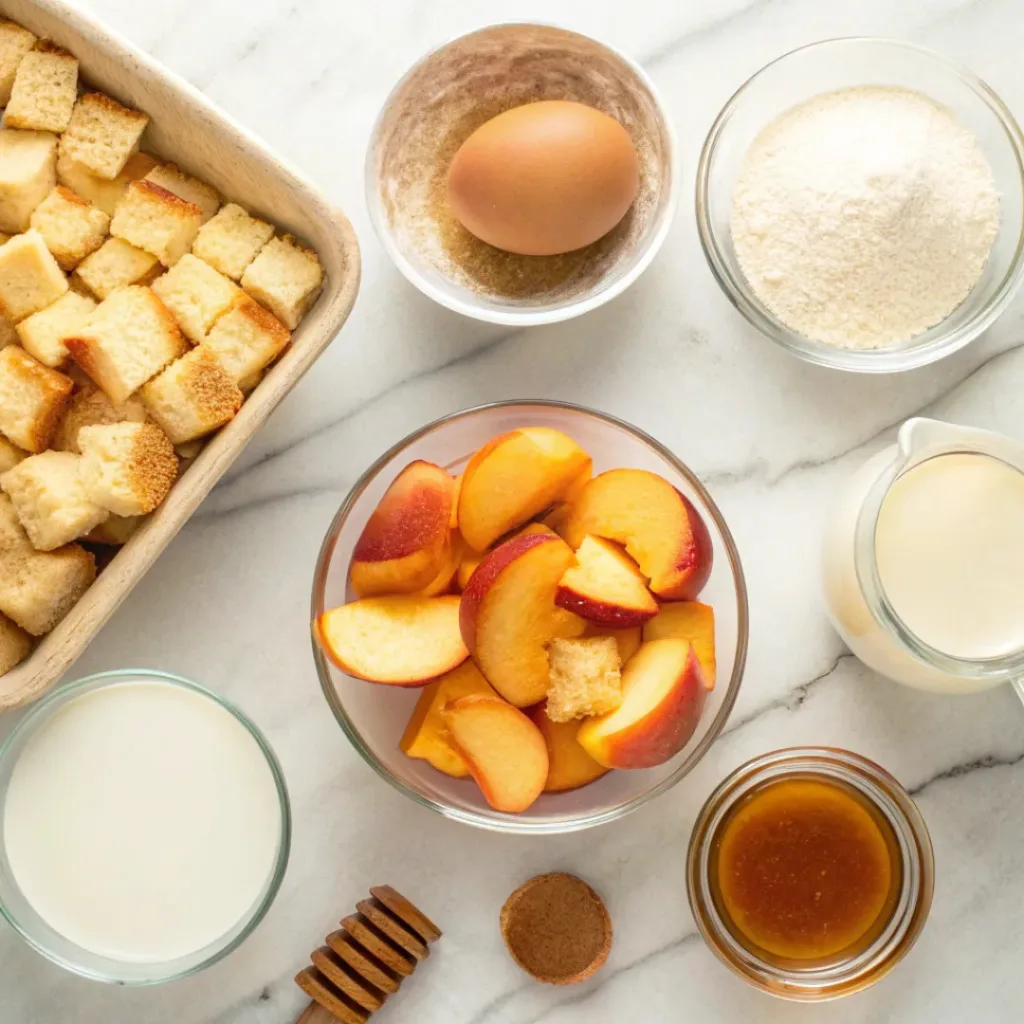 Peach French Toast Bake – Sweet, Custardy & Perfect Brunch Casserole 6 Flat lay of peaches, bread, eggs, milk, and baking ingredients