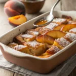 Baked French toast casserole with peaches, powdered sugar, and syrup