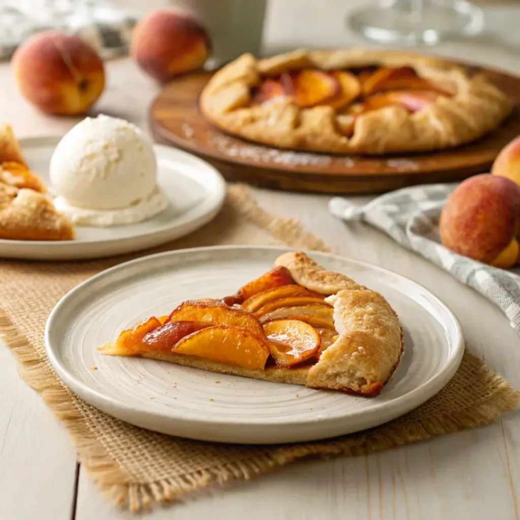 Slice of peach galette served with vanilla ice cream