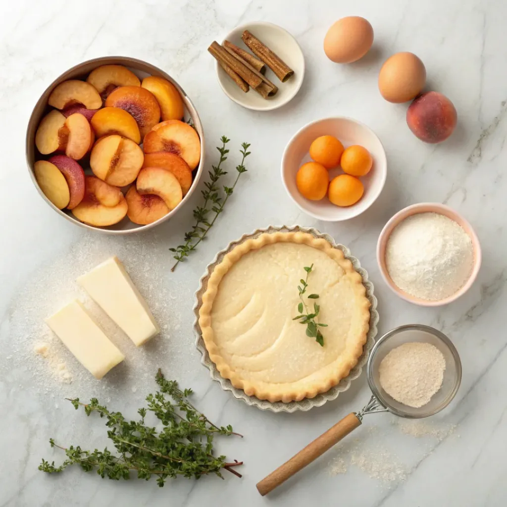 Flat lay of peaches, pie dough, butter, and baking ingredients