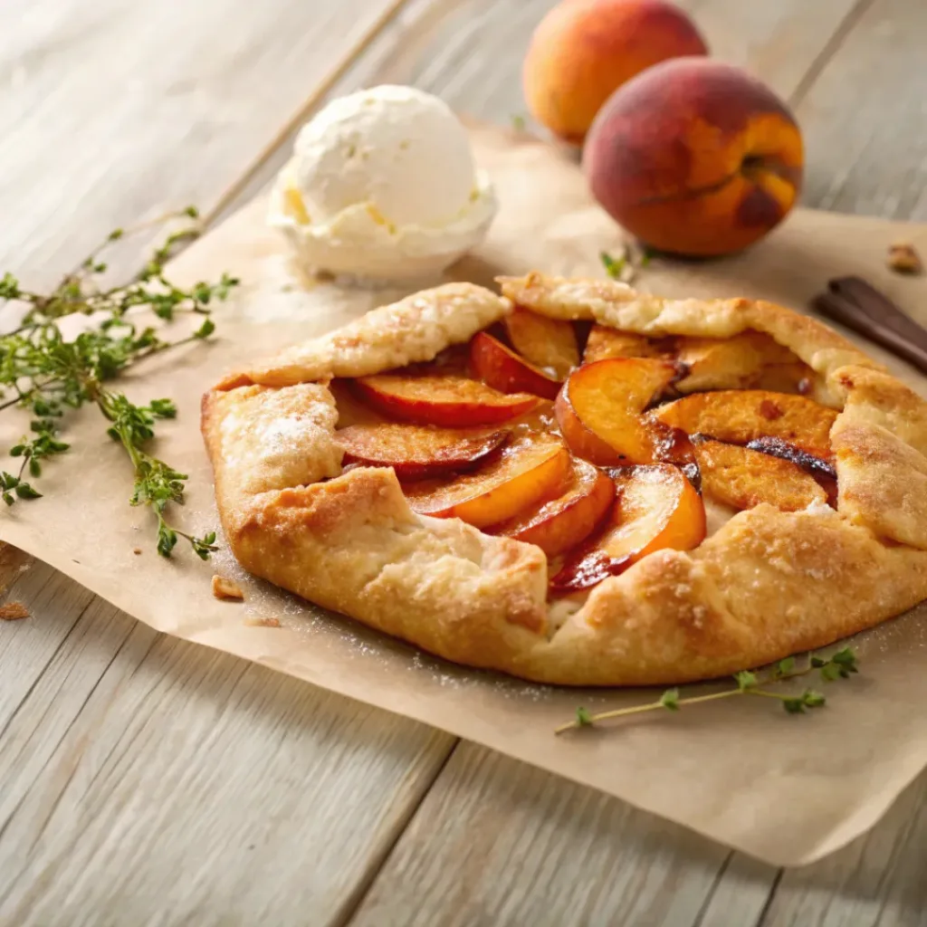Rustic peach galette with flaky crust and juicy peaches