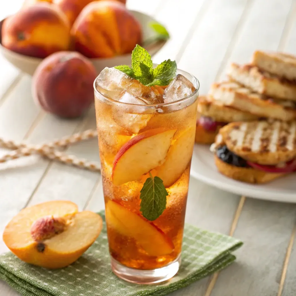 Peach Iced Tea – Refreshing, Fruity & Perfect Summer Drink 8 Peach iced tea served with ice and fresh peach slices