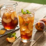 Peach iced tea with mint, lemon, and ice cubes