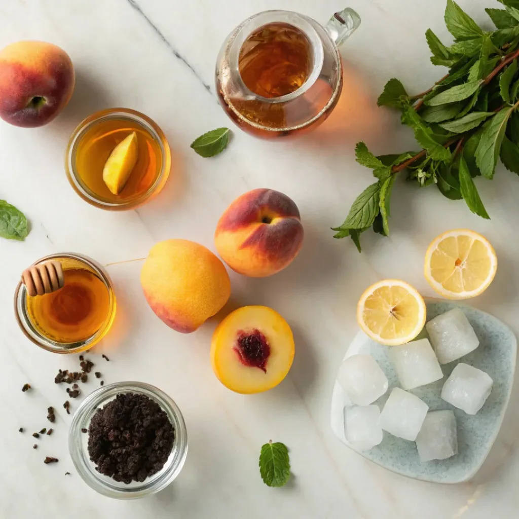 Peach Iced Tea – Refreshing, Fruity & Perfect Summer Drink 6 Flat lay of peaches, tea bags, lemons, mint, and sweeteners
