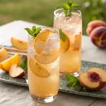 Peach lemonade with fresh peaches, lemon slices, and mint