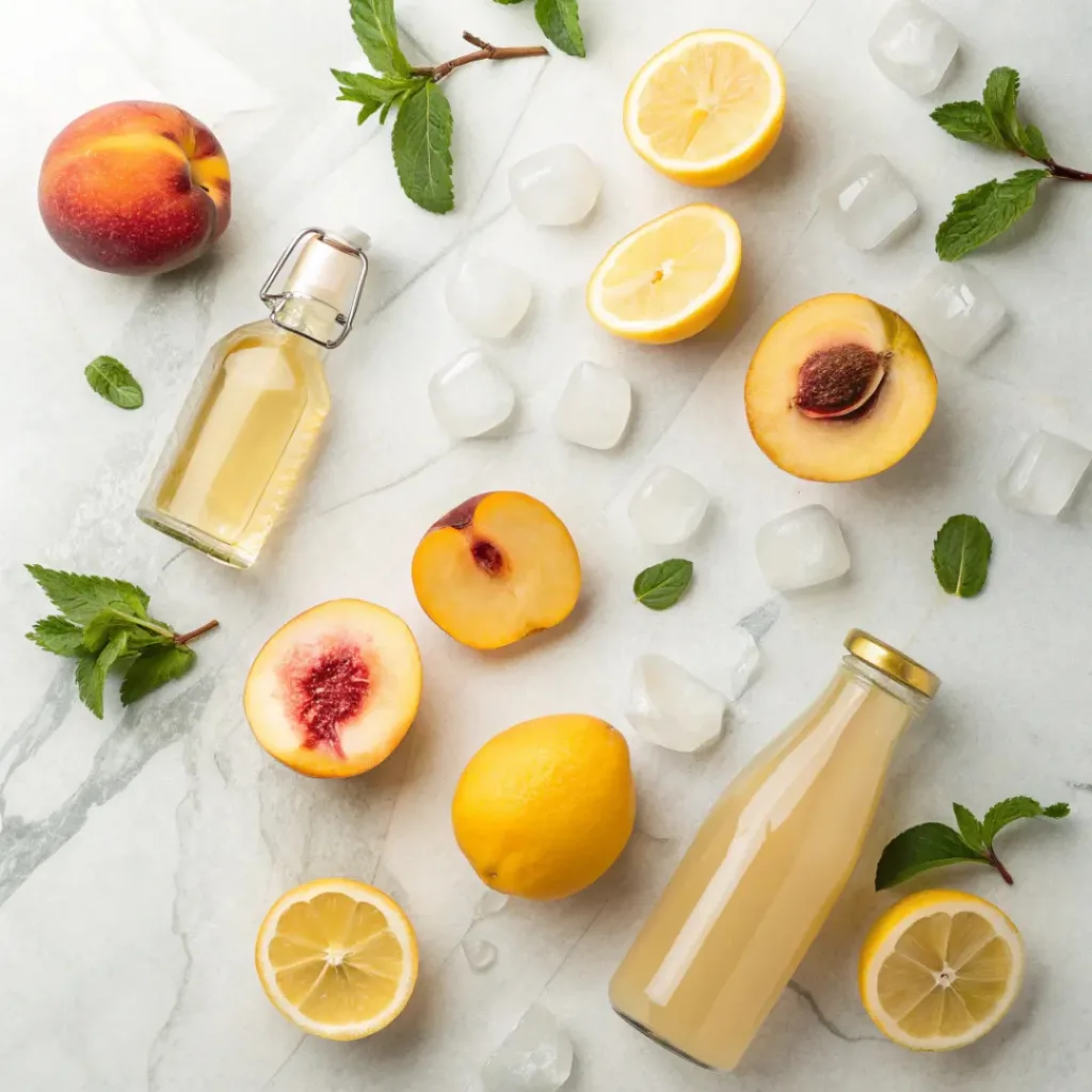 Flat lay of peaches, lemons, mint, and lemonade ingredients