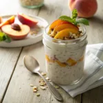 Peach overnight oats in jar topped with peaches and granola