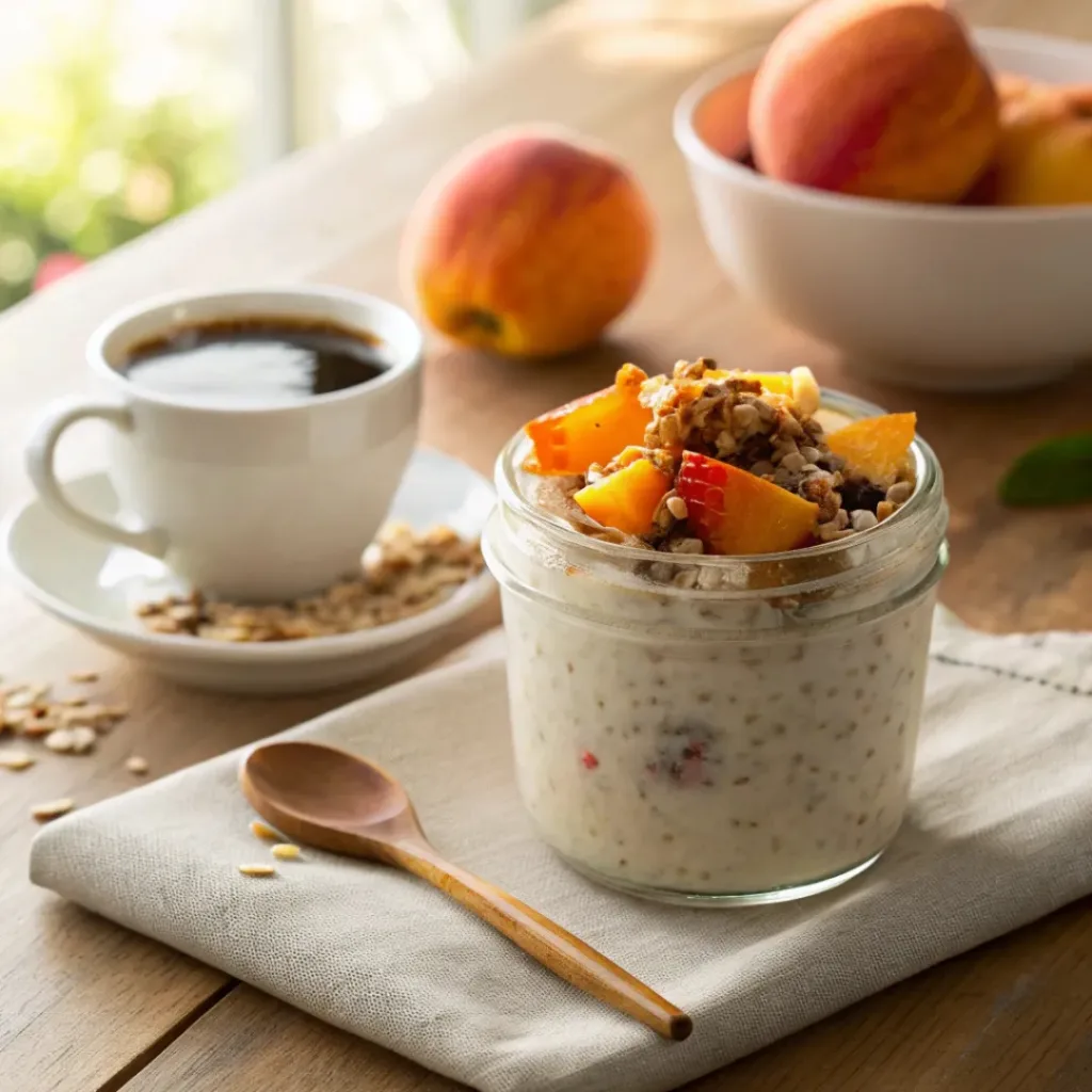 Creamy overnight oats with peaches, granola, and honey drizzle