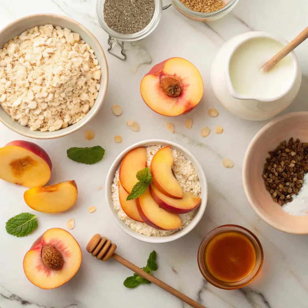 Flat lay of oats, peaches, yogurt, chia seeds, and breakfast ingredients