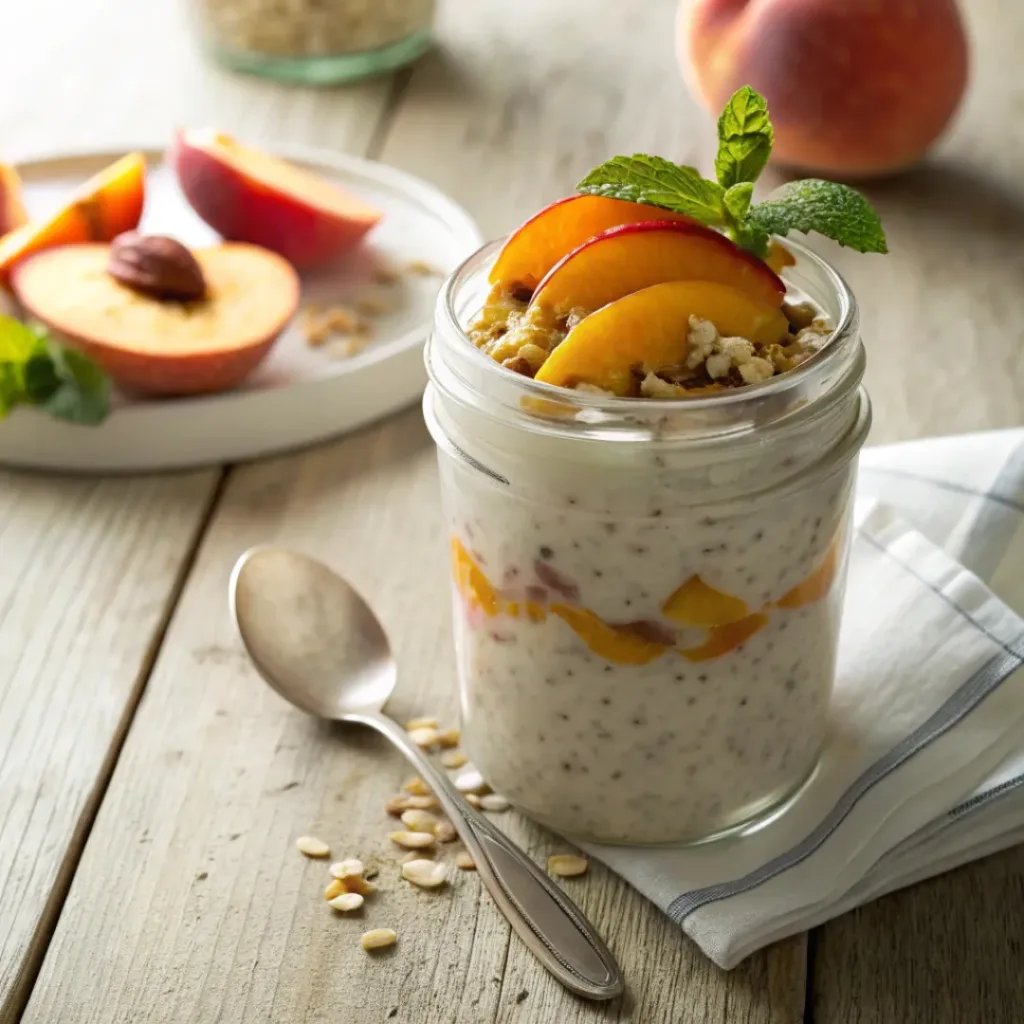 Peach overnight oats in jar topped with peaches and granola
