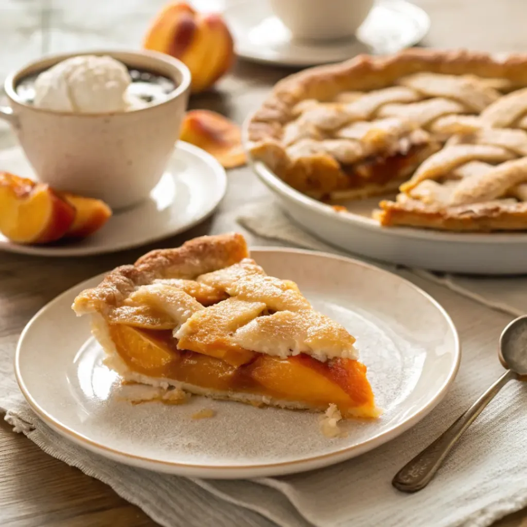 Slice of peach pie served with vanilla ice cream