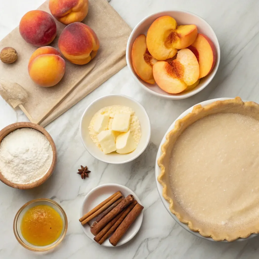 Flat lay of peaches, pie dough, butter, and baking ingredients