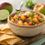 Fresh peach salsa with tortilla chips and lime