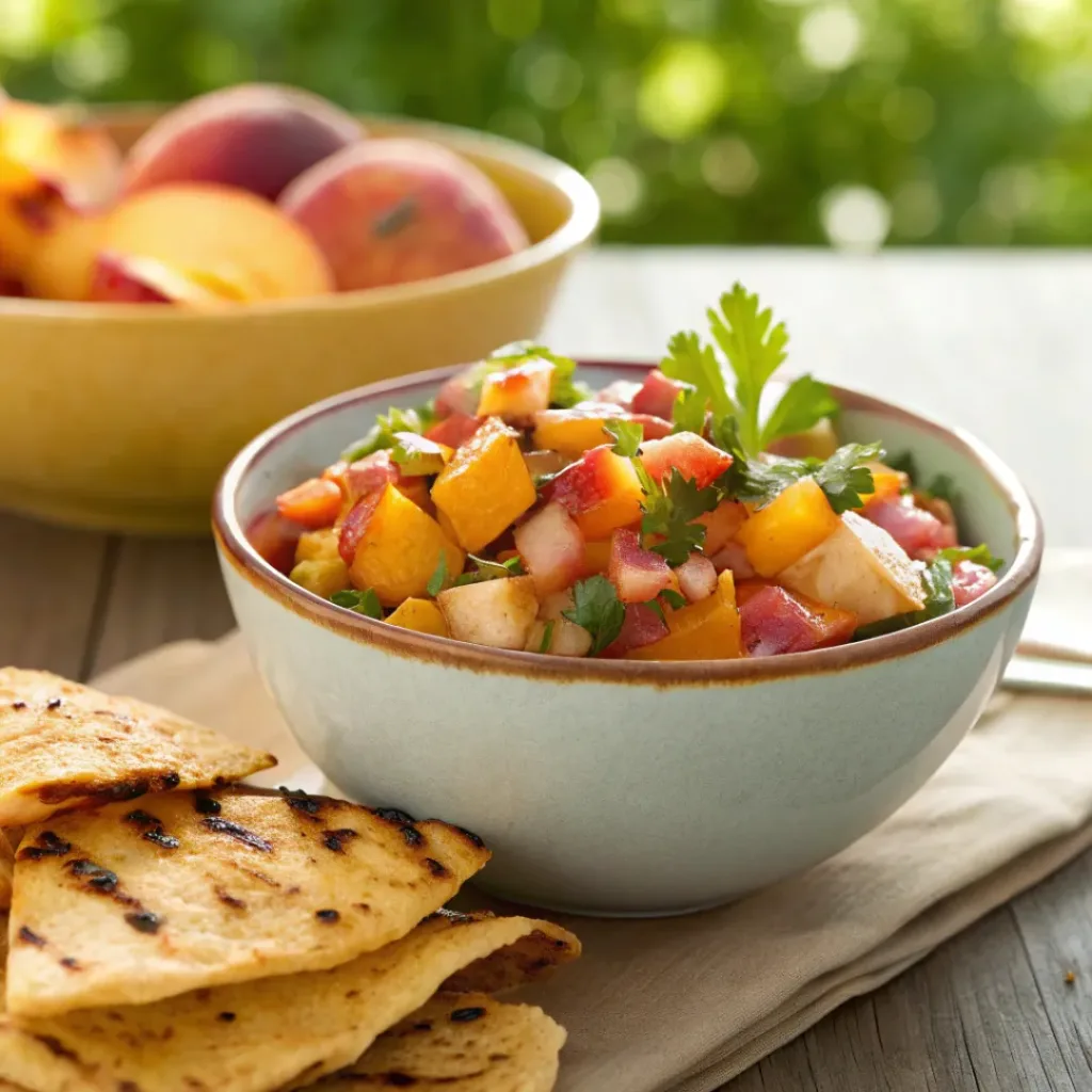 Peach Salsa – Fresh Sweet and Spicy Summer Salsa 8 Peach salsa served with tortilla chips and grilled dishes
