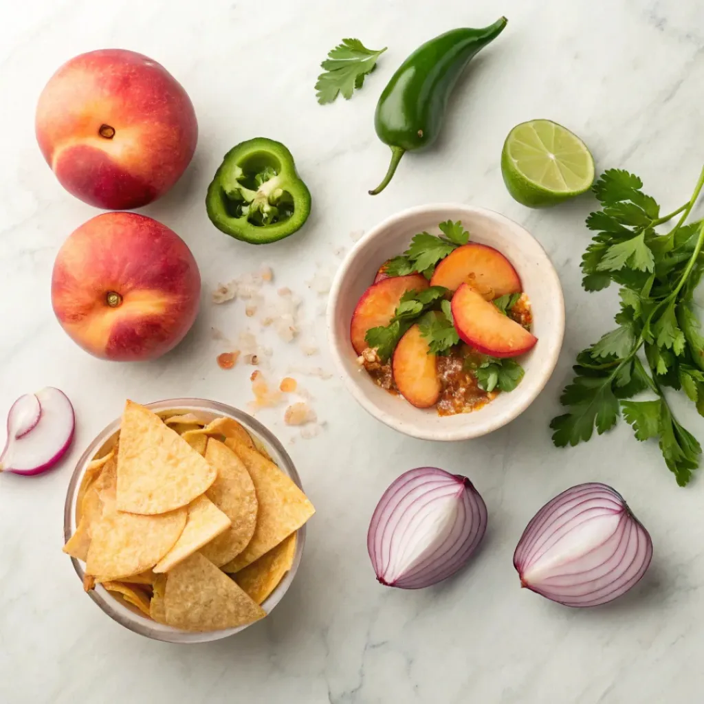 Peach Salsa – Fresh Sweet and Spicy Summer Salsa 6 Flat lay of peaches, lime, cilantro, jalapeño, and tortilla chips