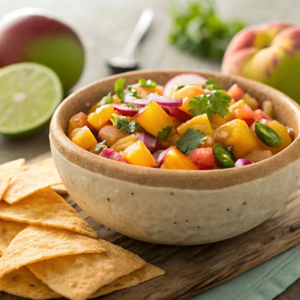 Fresh peach salsa with tortilla chips and lime